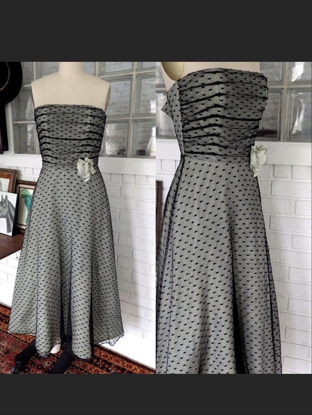 Scott McClintok vintage 90's pale seafoam green and black polka dot Dress